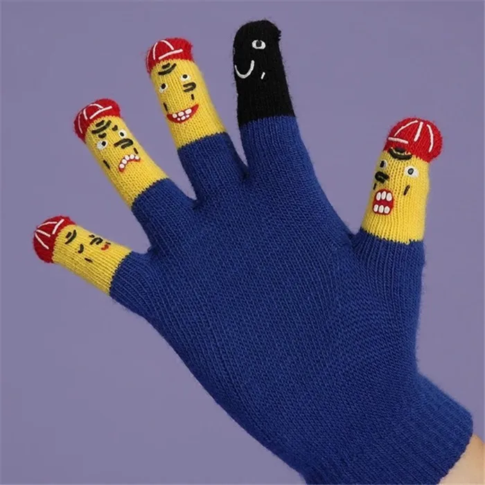 

Women's Fashion Funny Expression Cute Playful Knitted Gloves Female Thick Thermal Warm Black Wool Knitted Gloves Mittens Winter
