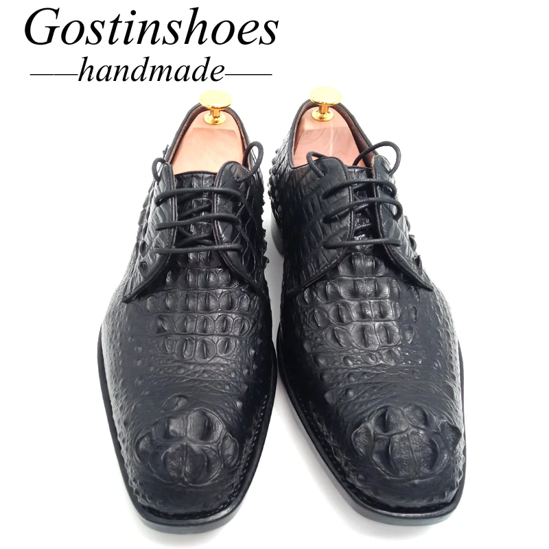 Goodyear Shoes Handmade Men Dress Shoes Black Genuine Crocodile Skin Luxury Formal Shoes Oxfords Lace-Up Pointed Toe GSTN008