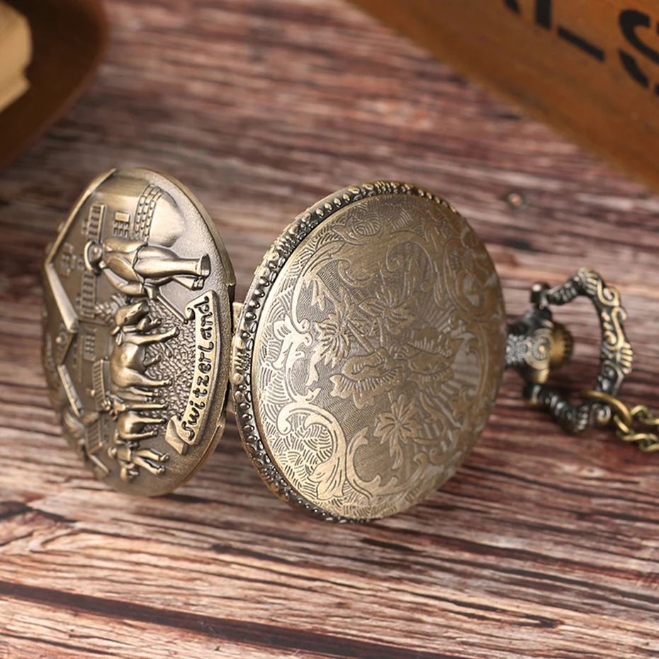 New Arrival Men Cow Carving Pocket  Watch Quartz-battery Clock Retro Pendant  Cattle Farming Drawing Birthday Gift               (6) - 