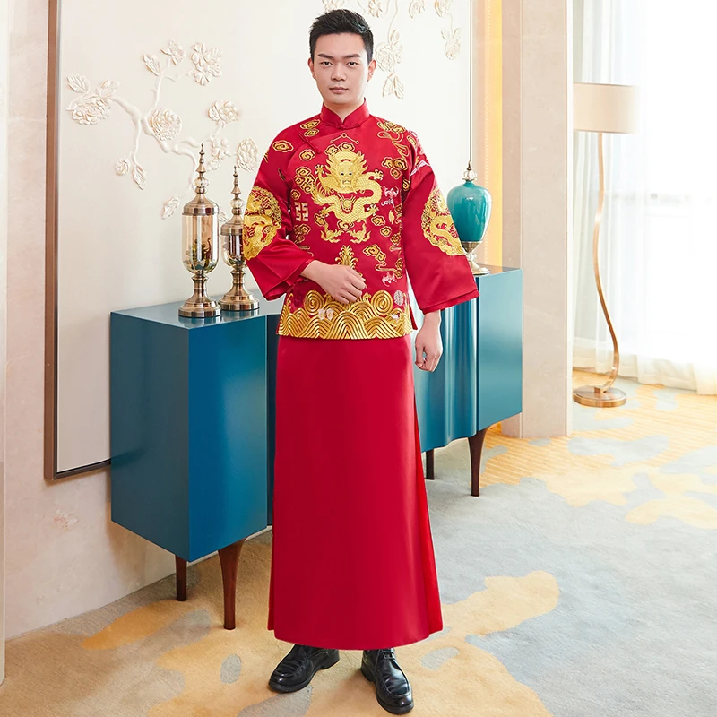 

Ancient Bridegroom Wedding Clothes Chinese Men Vintage Tang Clothes Embroidery Dragon Coat+Robe 2PCS Male Marriage Suit S-XXL