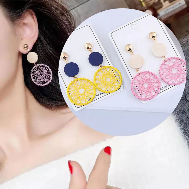 

Yellow Pink Round Wooden Earrings Long Statement Drop Earrings For Women Statement Big Earings Jewelry Oorbellen Pendientes