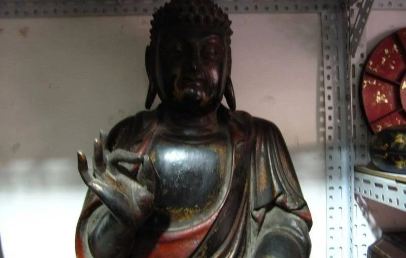 

44"Chinese Folk Old Wood handwork Carved painted lotus Tathagata Buddha Statue