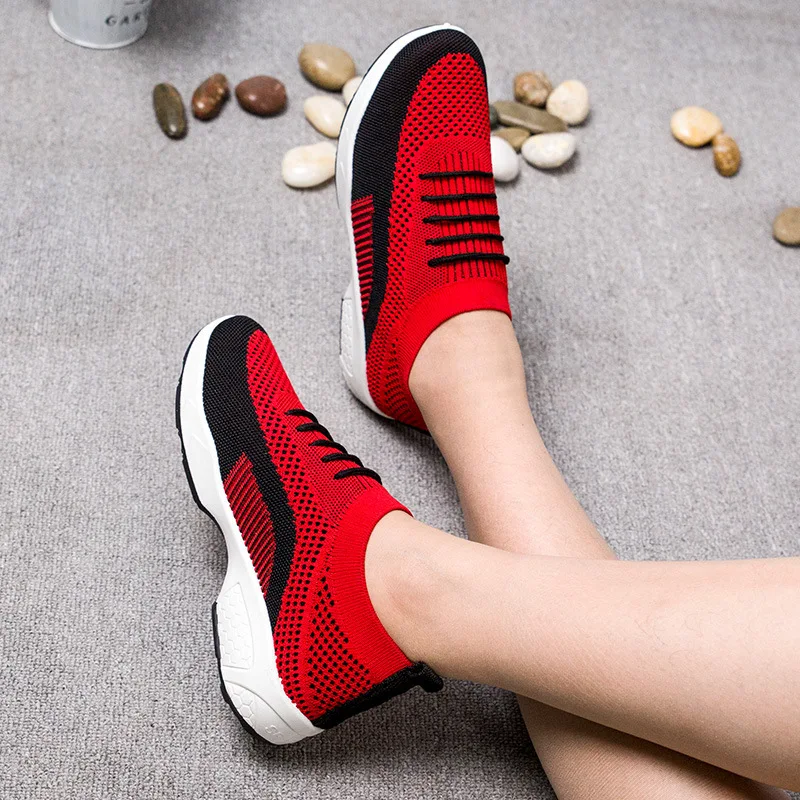 

2019 Spring New Designer Wedges Red Black Platform Sneakers Women Shoes Casual Air Mesh Female Flats Shoes For Woman