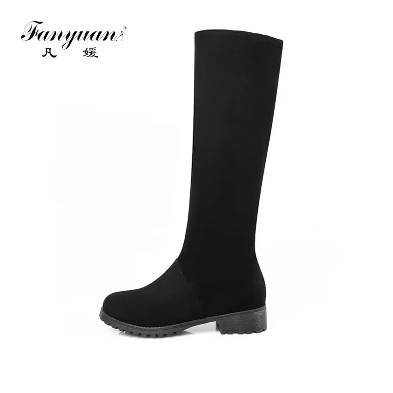 

fanyuan Winter warm Zip Plush Women Shoes Flock Round Toe Riding Boots Low Heel Long Boots Comfortable Big Size Knee High Boots