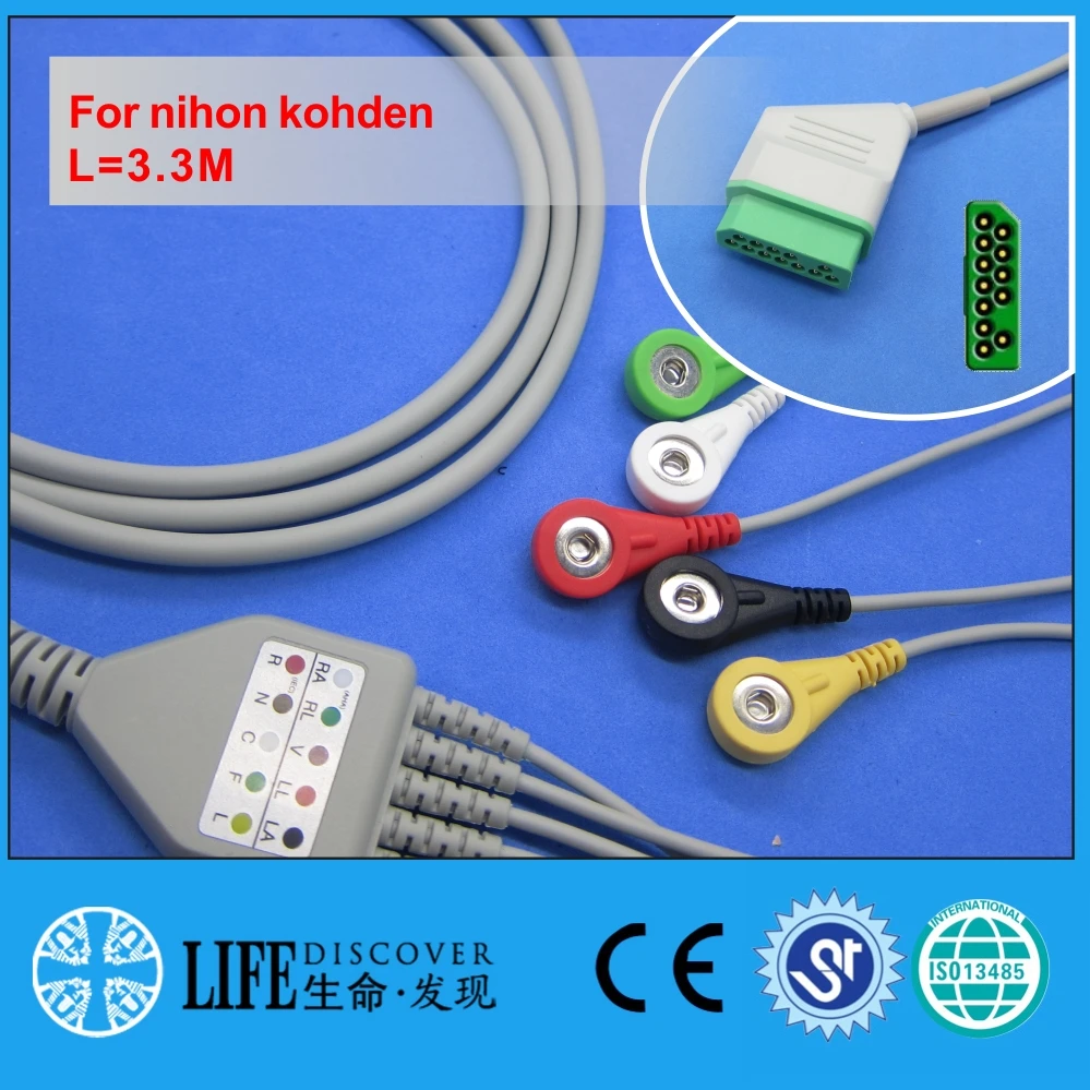 one piece ECG cable with 5 snap lead wires For nihon kohden patient monitor |