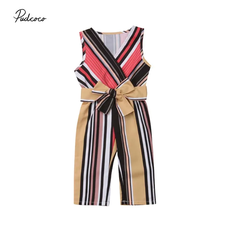 

2019 Brand Toddler Kid Baby Girl Strap Stripe Ruffle Romper Striped Sleeveless V Neck Bandage Jumpsuit Sunsuit Fashion Clothes