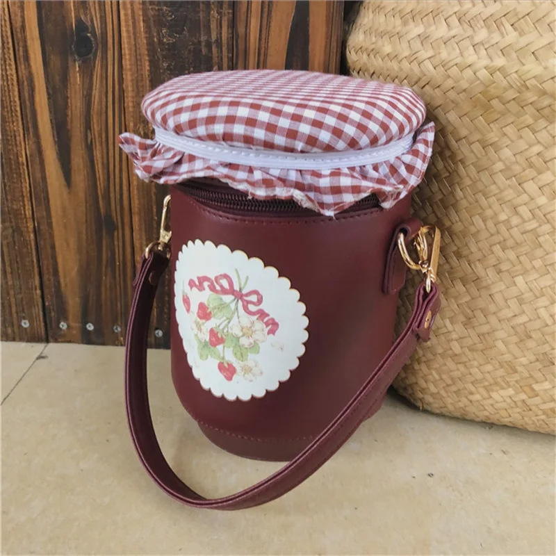 

Mori Girl Lolita Vintage Strawberry jam Print Bottle Handbag Messenger Bag Zipper Women's PU Creativity Shoulder Bucket Bag