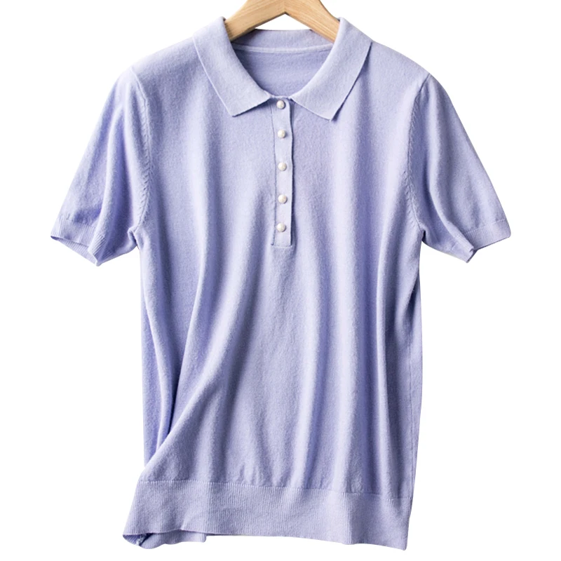 

2019 Summer Women's Knitted Polo Shirt Pearl Button Short Sleeve Thin Tee High-end Ice-yarn Fabric Women Knit Tees