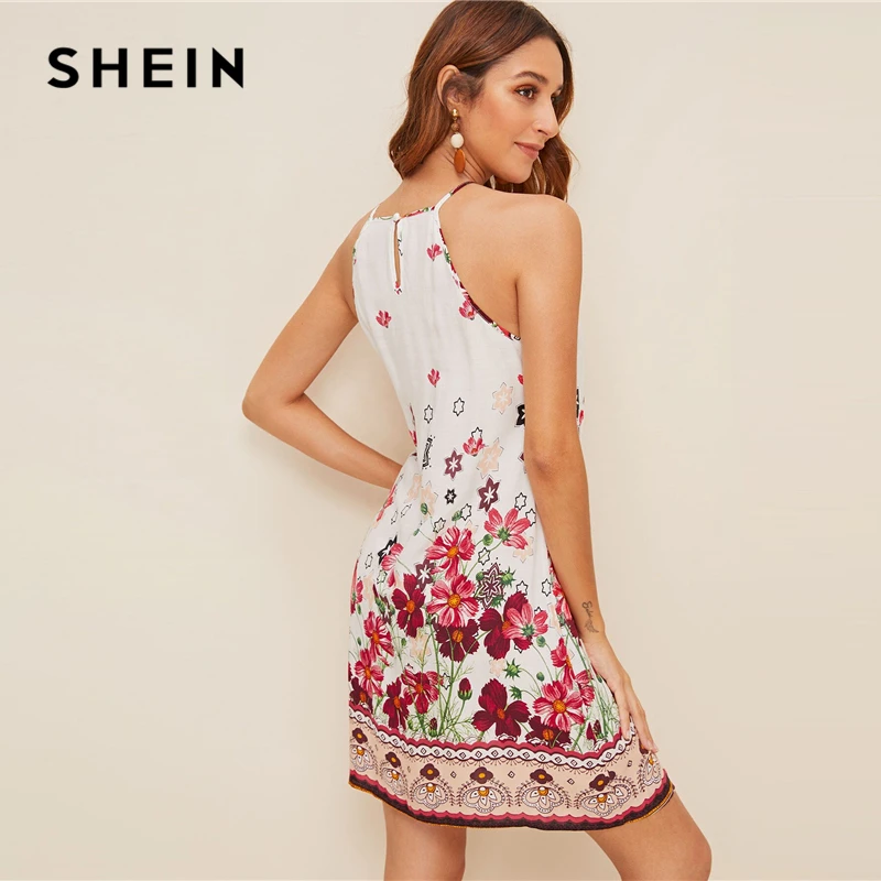 SHEIN женское пляжное прямое платье с цветочным принтом на бретельках Boho летнее праздничное короткое платье без рукавов на пуговицах сзади