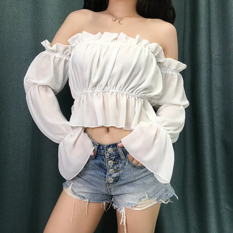 

Elegant Off Shoulder Chiffon Tee Shirt Women Ruffles Backless Crop Top T Shirt Ladies Long Flare Sleeve Mesh White Tshirt Top