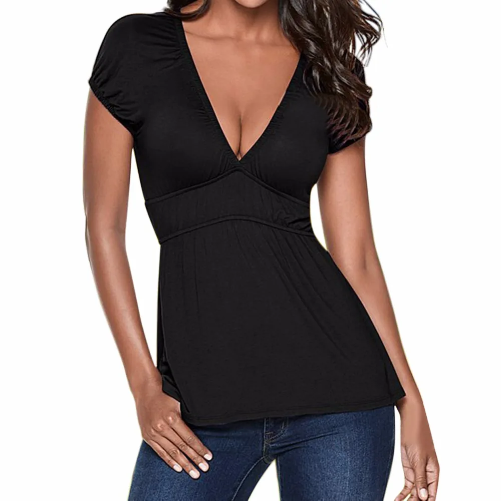 Fashion Women T Shirts Short Sleeve Sexy Deep V Neck -1193