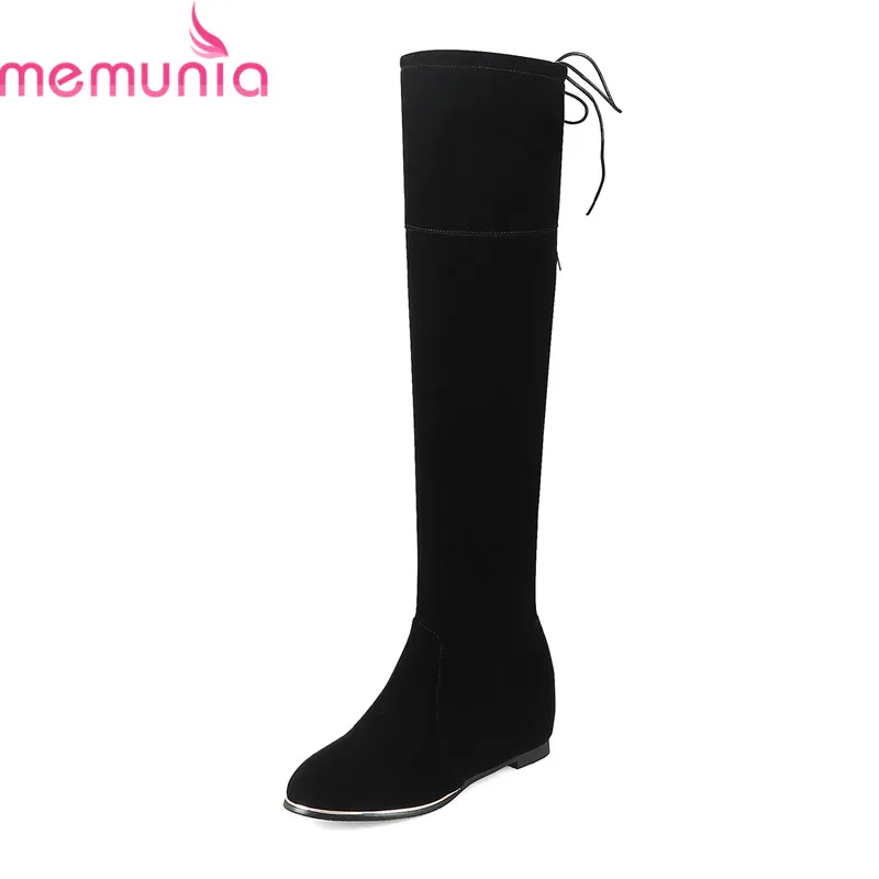 

MEMUNIA 2020 new arrival knee high boots red black round toe flock 5cm high heels boots with narrow band women casual shoes