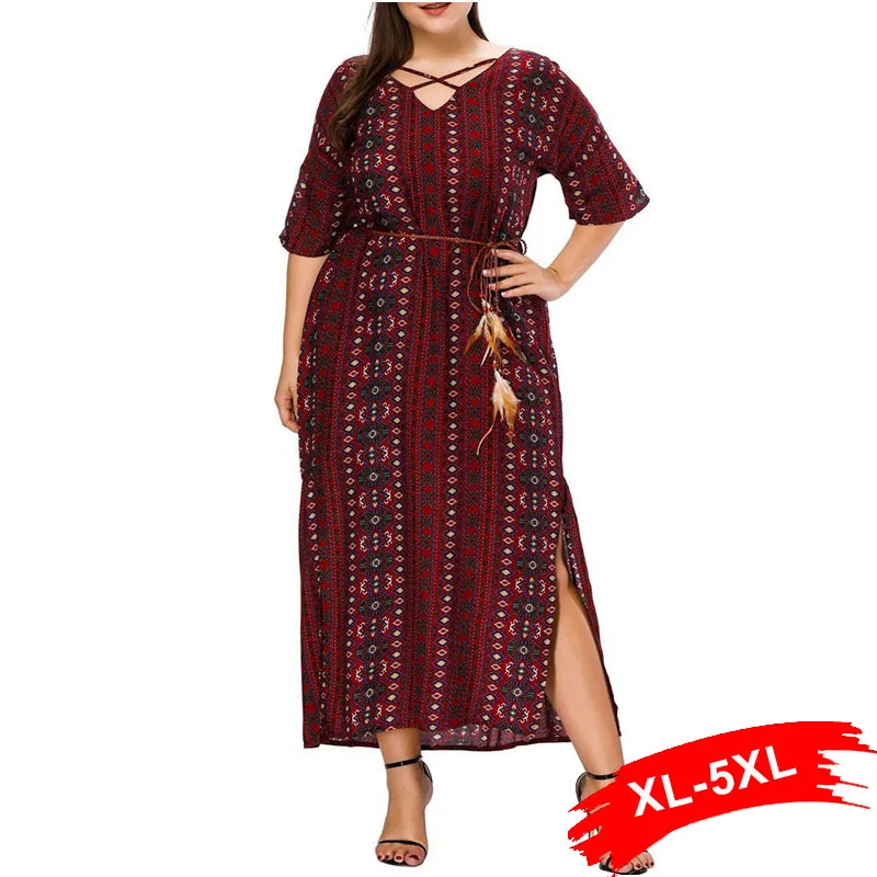 

Summer Vacation Boho Bohemian Plus Size Vintage Womens Half Sleeve Side Split Criss Cross V Neck Tie-Waist Long Maxi Dress