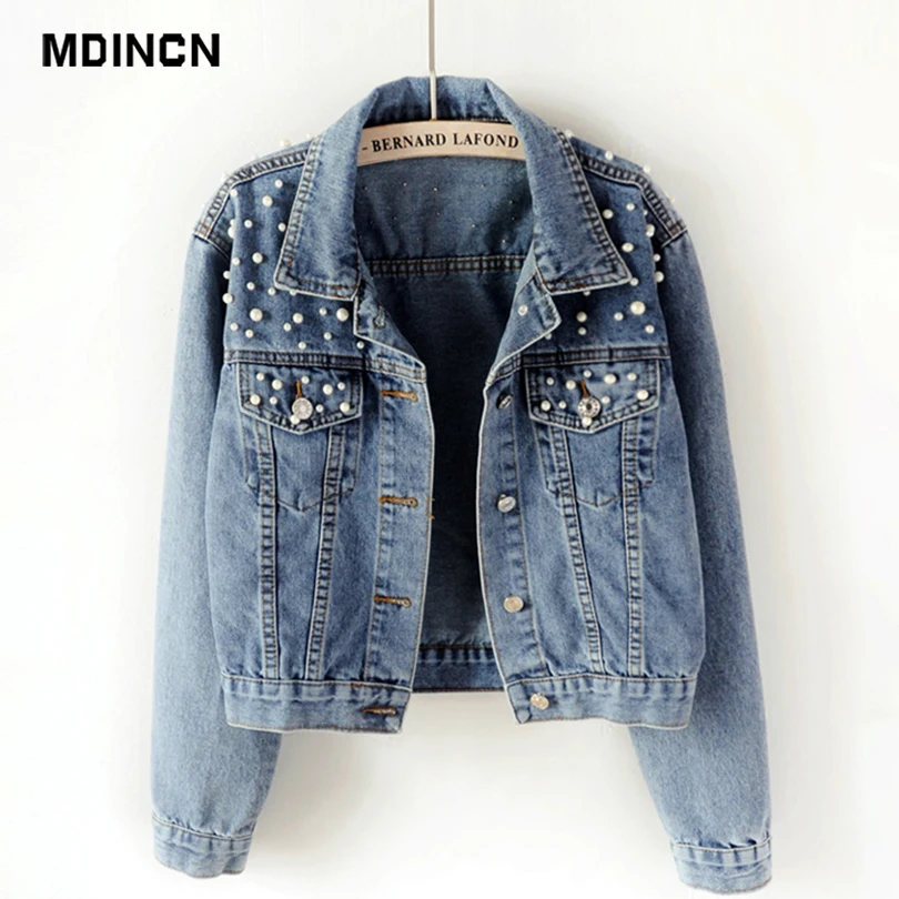

MDINCN Plus Size Pearl Beading Short Denim Jackets Women Slim Wash Long Sleeve Vintage Casual Jean Jacket Bomber Denim Coat