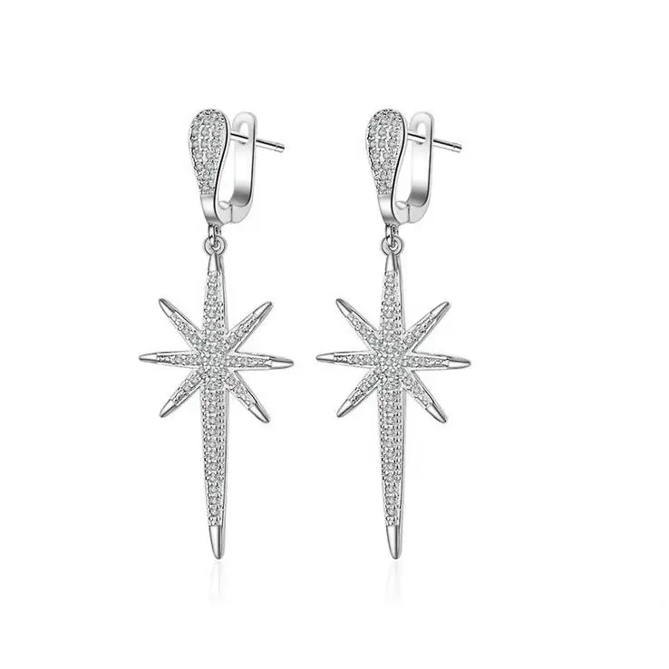 

High quality fashion shiny zircon star 925 sterling silver ladies`long drop earrings women gift wedding gift lovers wholesale
