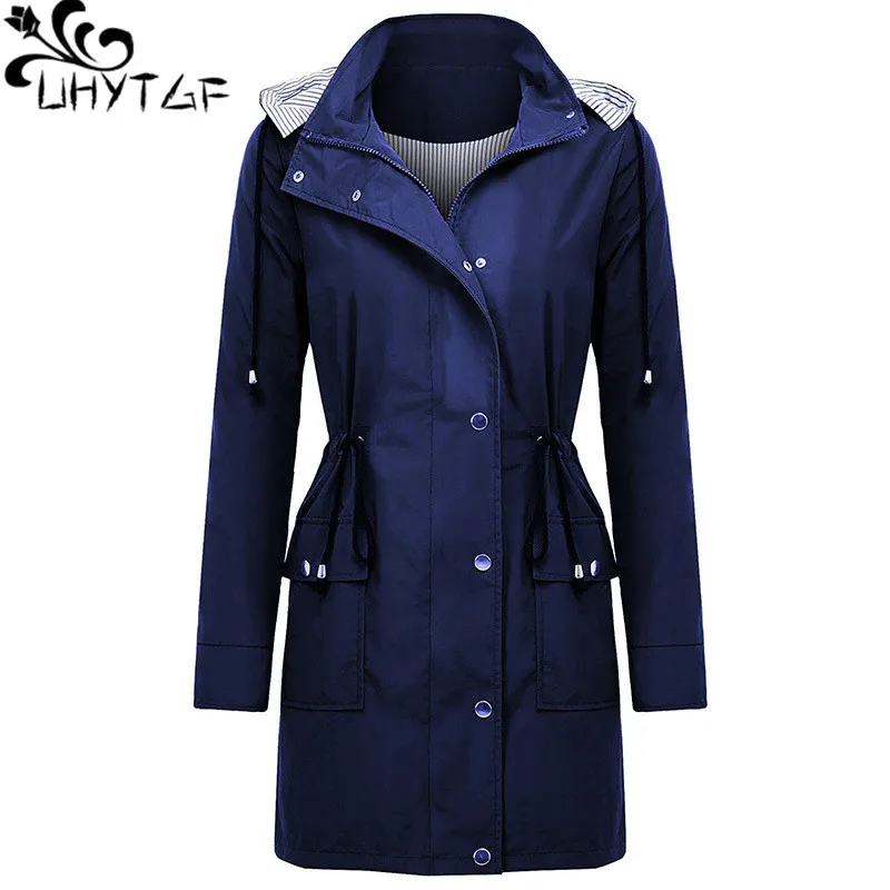 

UHYTGF Autumn Winter trench coat women Waterproof windproof Hooded Windbreaker outerwear casual slim women's Plus size coats 187