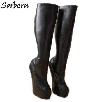 

Sorbern Heavy Hoof Heelless Knee High Boots Women 9Cm Thick Platform Plastic Zip Black Matte Knee Boots Thick Lining Boots