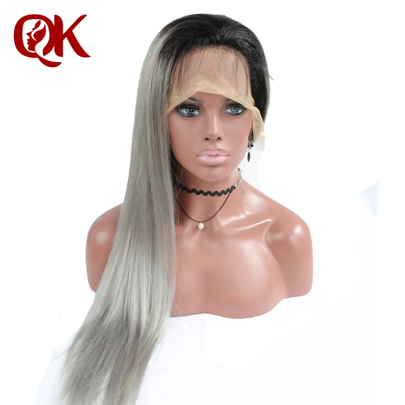 QueenKing font b hair b font Lace Front Wig 130 Density Ombre T1B Grey Silky Straight