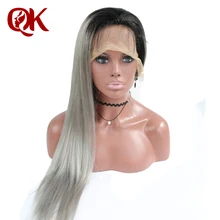 QueenKing hair Lace Front Wig 130% Density Ombre T1B Grey Silky Straight Preplucked Hairline 100% Brazilian Human Remy Hair