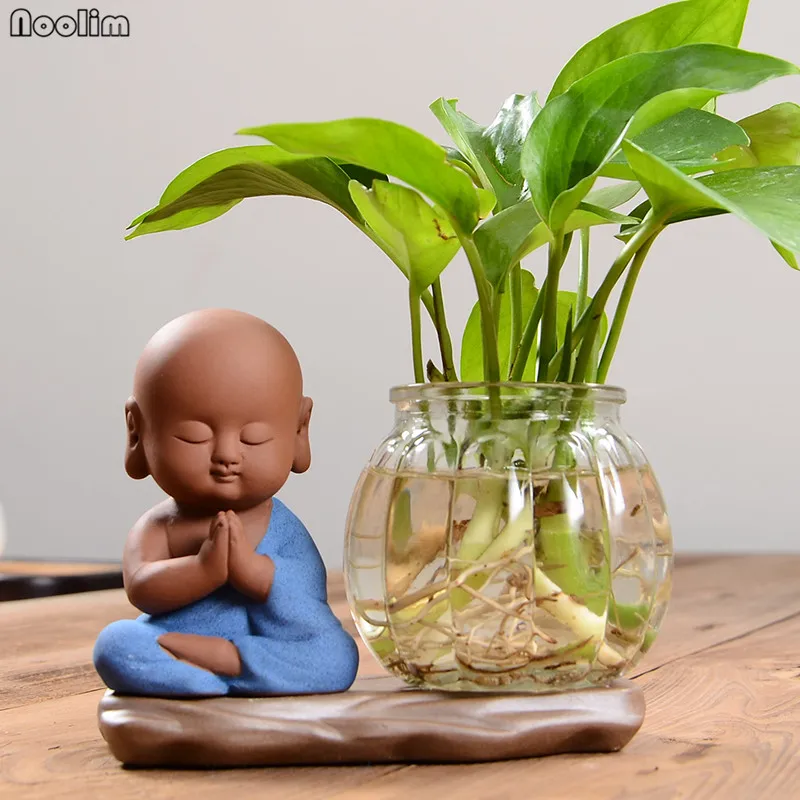 

NOOLIM Creative Purple Clay Small Monk Glass Vase Scindapsus Green Plants Flower Container Hydroponic Vase Tabletop Decoration
