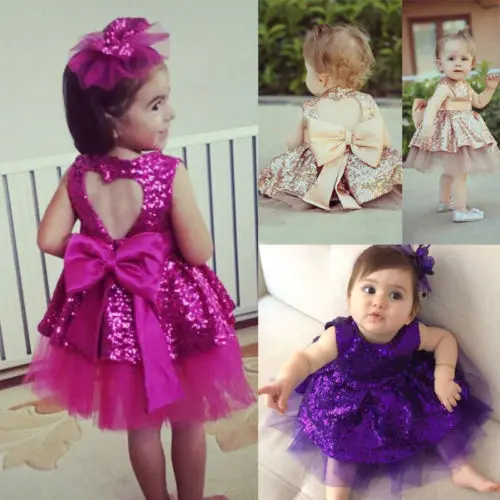 

Kids Baby Girls Sequins Lace Dress Bithday Party Dress Backless Bowknot Sundress