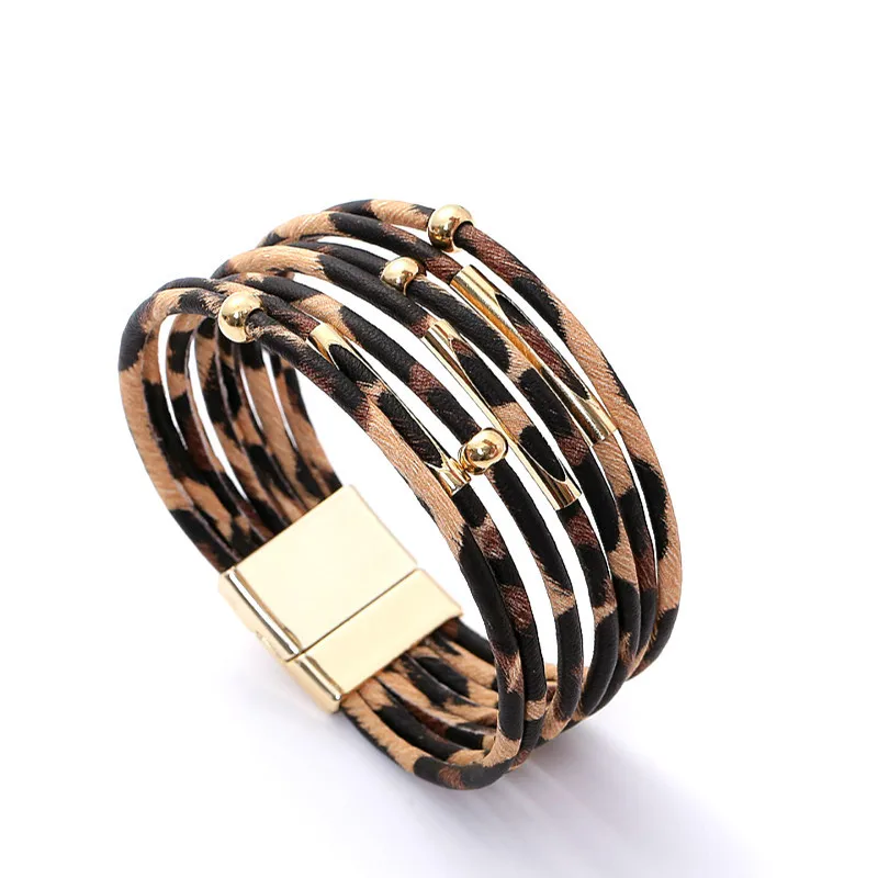 Леопардовые кожаные браслеты для женщин, модные браслеты& браслеты, элегантный многослойный широкий браслет обруча, ювелирные изделия