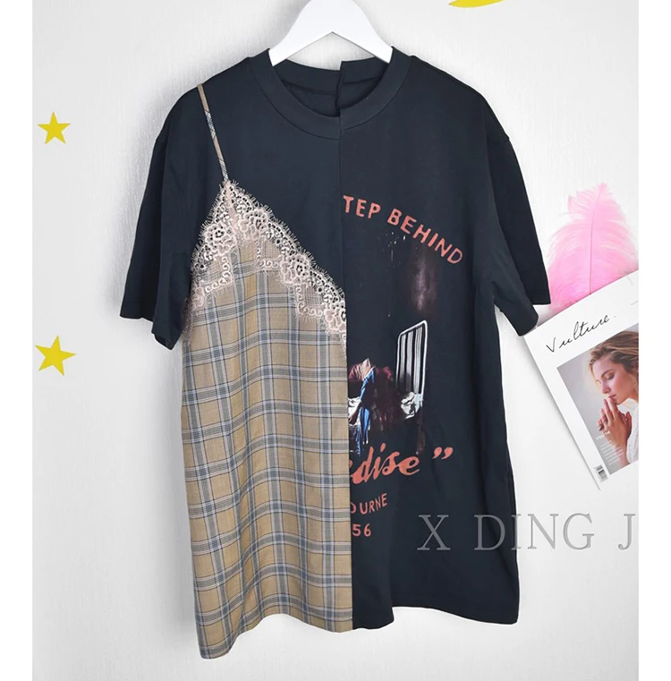 

2019 Summer Cotton Causal T-shirts Stitching Lace Round-collar Short-sleeve T-shirt Patchwork O-Neck T-shirts
