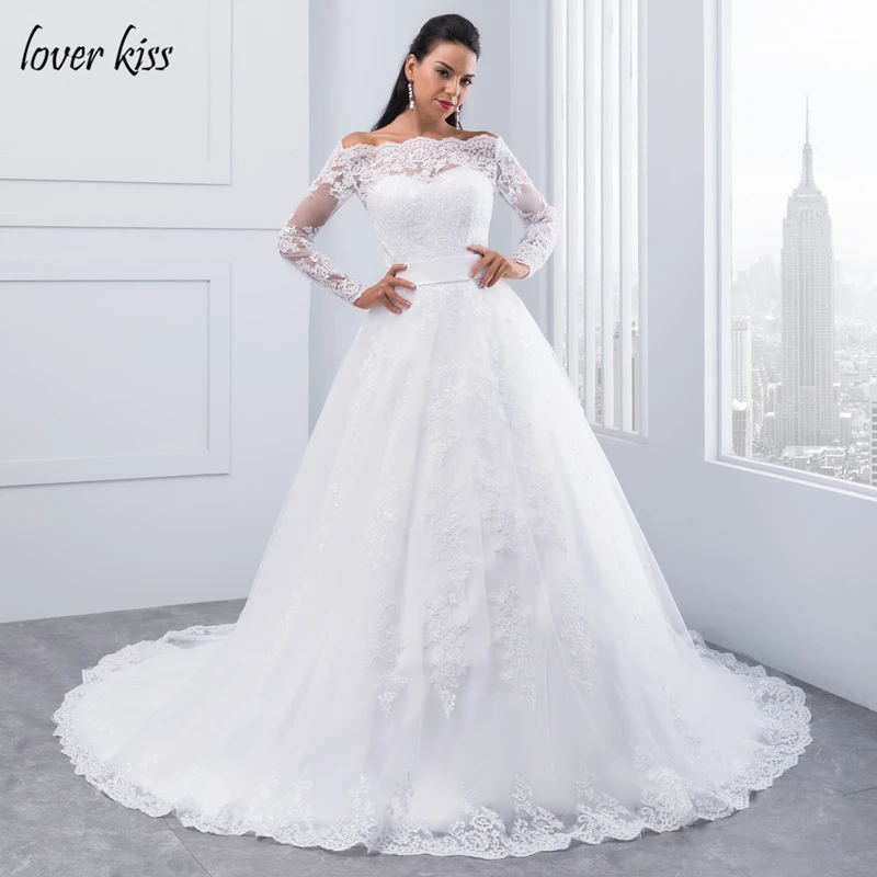 Lover Kiss vestidos de noiva с открытыми плечами Длинные рукава Свадебные платья кружевной вырез лодочкой свадебное платье белый пояс robe de mariage