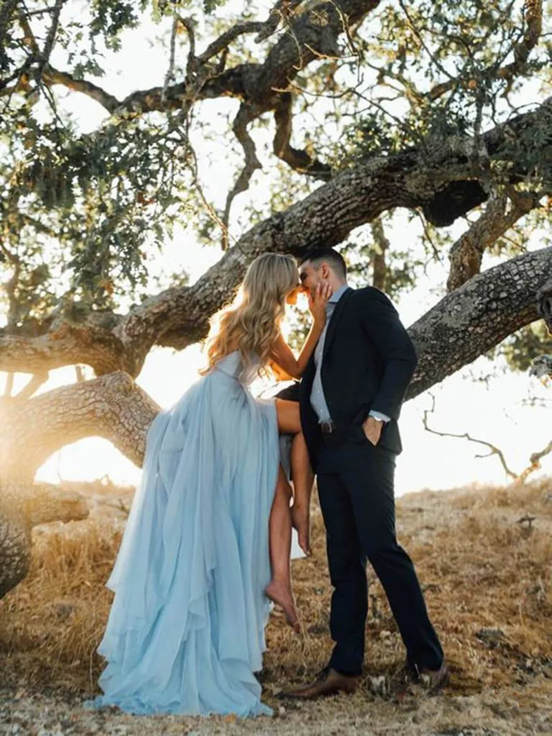 Thigh Split Sky Blue Rustic Wedding Dresses Beach Wedding Gown with Court Train ARD1325