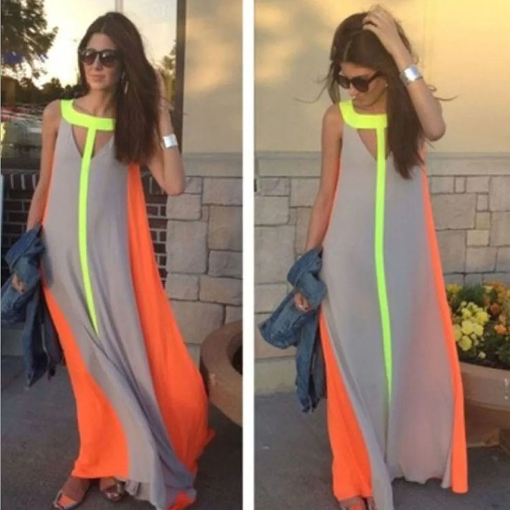

2019 New Fashion Summer Sundresses Womens maxi dress Sexy Summer Beach Long Dress Ladies Multi-Color Stitching Dress Tops