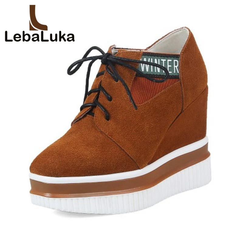 

LebaLuka Size 33-42 Ladies Real Leather High Heels Pumps Women Cross Tied Thick Platform Wedges Shoes Women Fashion Footwear