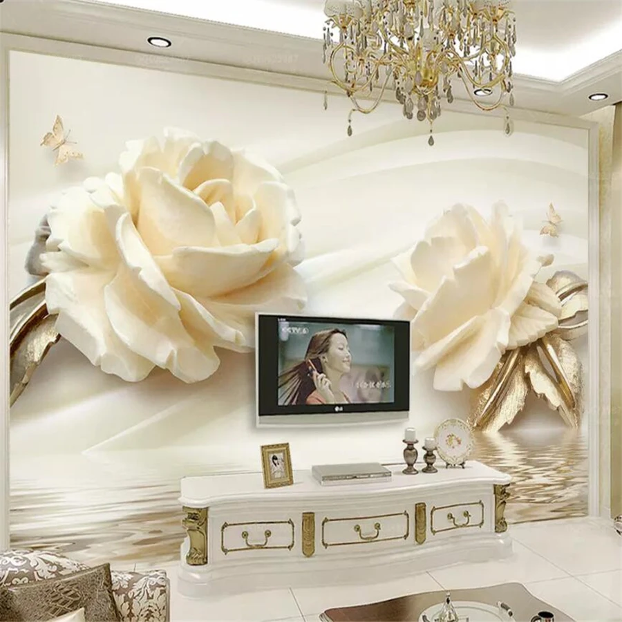 

beibehang Custom Wallpaper 3D Photo murals Champagne Rose Water Wave Reflection Video Background Wall papel de parede 3d mural