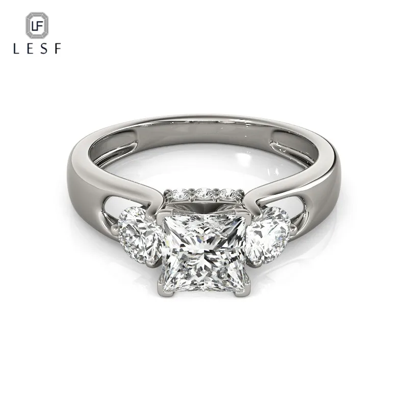 

LESF Luxury Jewelry 925 Sterling Silver Square Cut Three Stone 5A Sparkling Zirconia Women Wedding Bridal Ring Gift