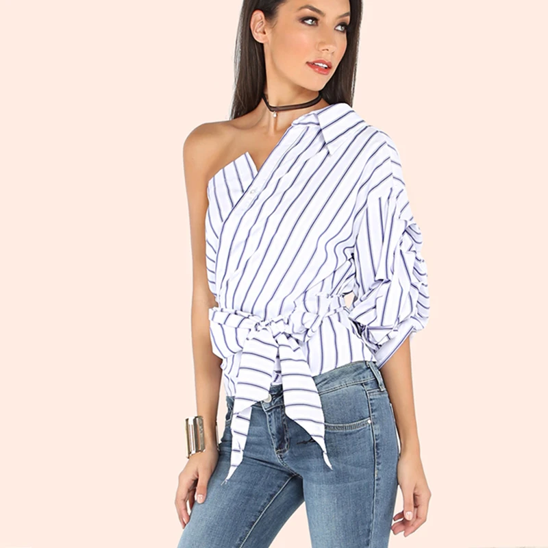 HDY-Haoduoyi-Striped-Women-Blouses-One-Shoulder-V-neck-Half-Puff-Sleeve-Casual-Shirts-Women-Bow(1)