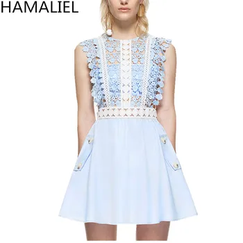 

New Self Portrait Summer Dress 2018 Runway Women Blue Lace Patchwork Hollow Out Sleeveless Sexy Casual Holiday Beach Party Dress