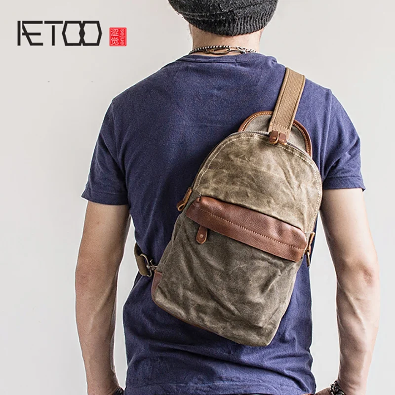 

AETOO Vintage Chest Bag Oil wax canvas small crossbody bag summer carry-on sports pack