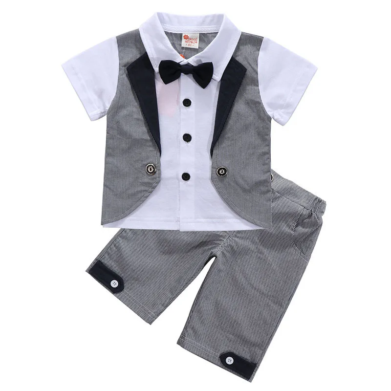 Новая стильная детская одежда для мальчиков джентльмен короткий рукав, топ, штаны комплект из 2 предметов - Цвет: Серый