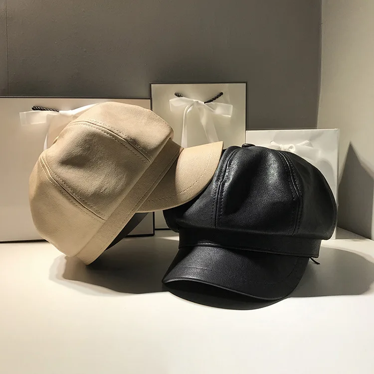 Осенне-зимняя восьмиугольная кепка из искусственной кожи, берет, черная восьмиугольная шляпа, Женская Ретро Кепка, французская Кепка, женская шапка для газетчика, берет для женщин