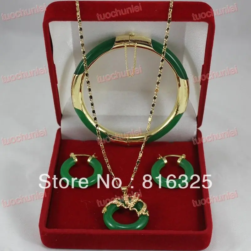 

free shipping>>> Fast SHIPPING Wonderful Green Jade Circle Dragon Pendants Necklace Earring Bracelet Set (A0511)