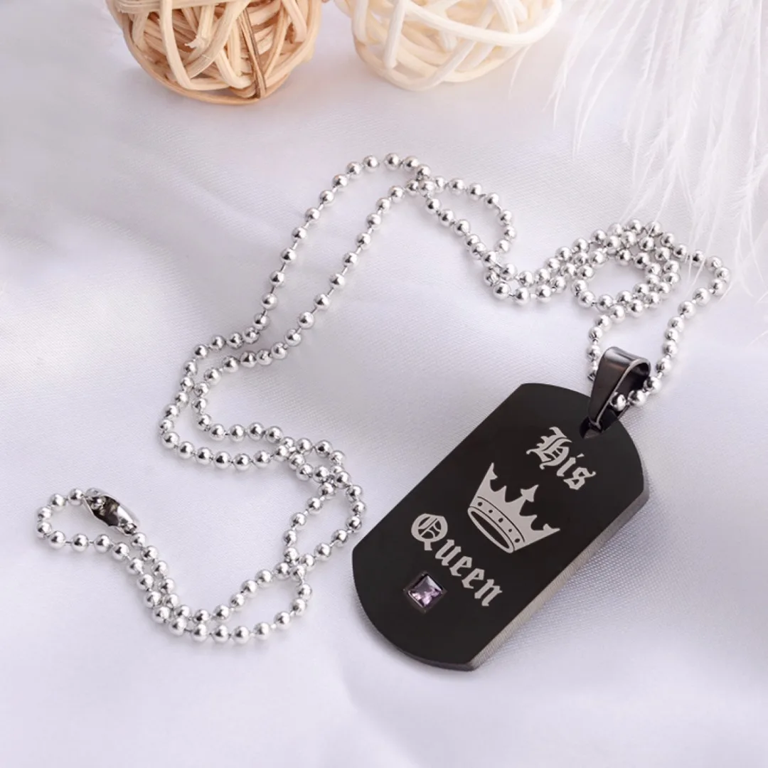 His and Her His Queen Her King Lover Couple Dog Tag Pendant Necklace Gift