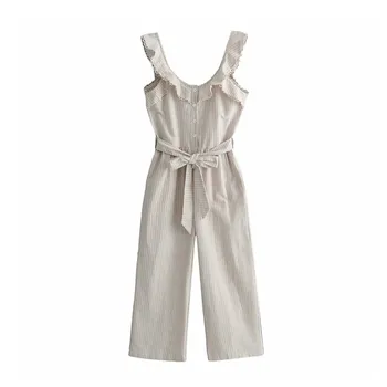 

Women elegant ruffles plaid jumpsuits button straps wide leg rompers ladies 2019 summer casual outwear playsuits