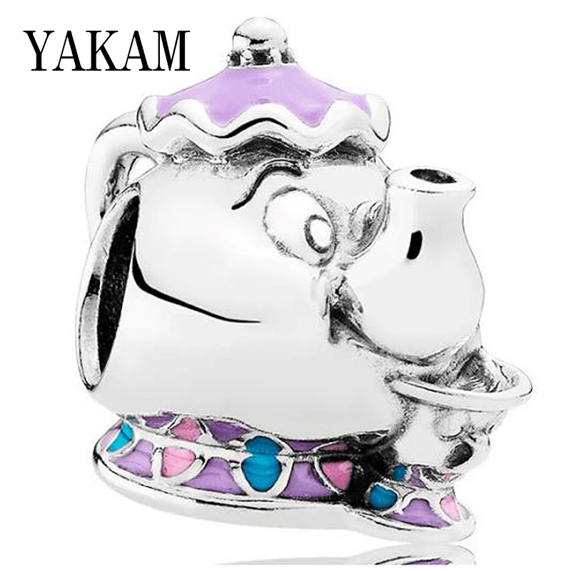 Fit Original Pandora Charms Bracelet Cartoon Purple Enamel Disny Traditions Mrs. Potts Smile Teapot Beads Women Jewelry Berloque