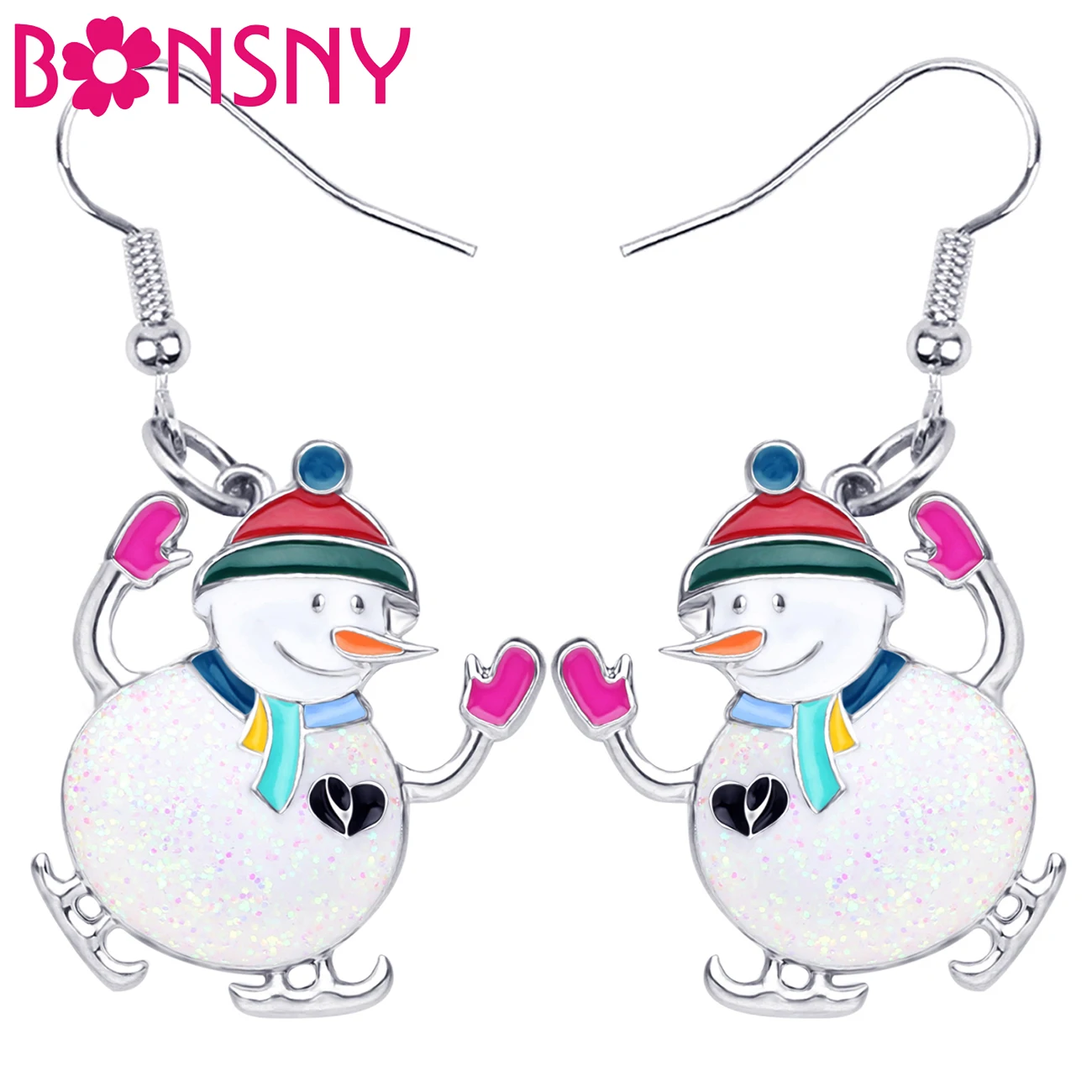 

Bonsny Enamel Alloy Christmas Happy Skiing Snowman Earrings Drop Dangle Cartoon Fashion Party Jewelry For Women Girls Teens Gift