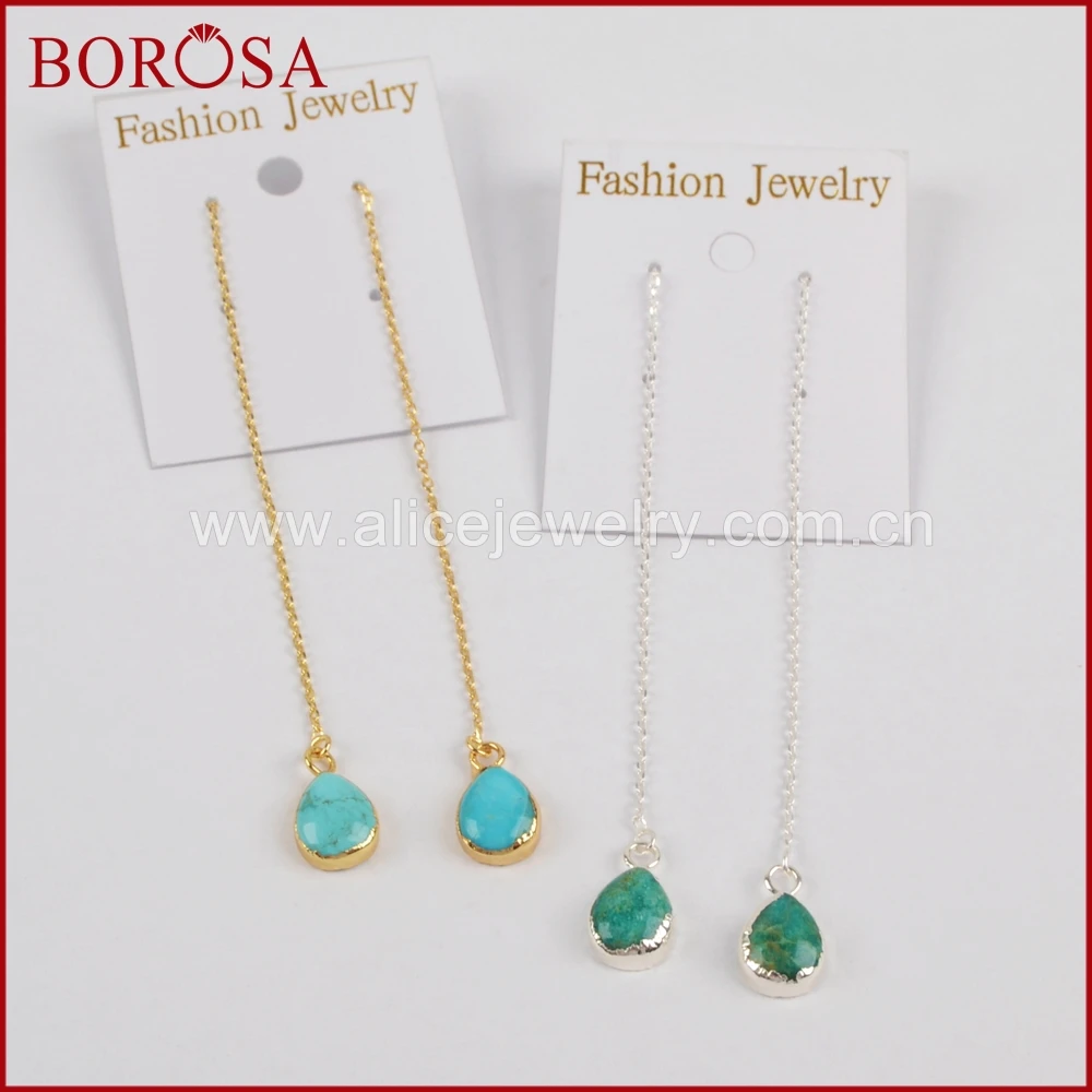 

BOROSA Teardrop Druzy Gold Color 100% Natural Blue Stone Threader Earrings for Women, New Druzy Drop Dangle Earrings G1345 S1345