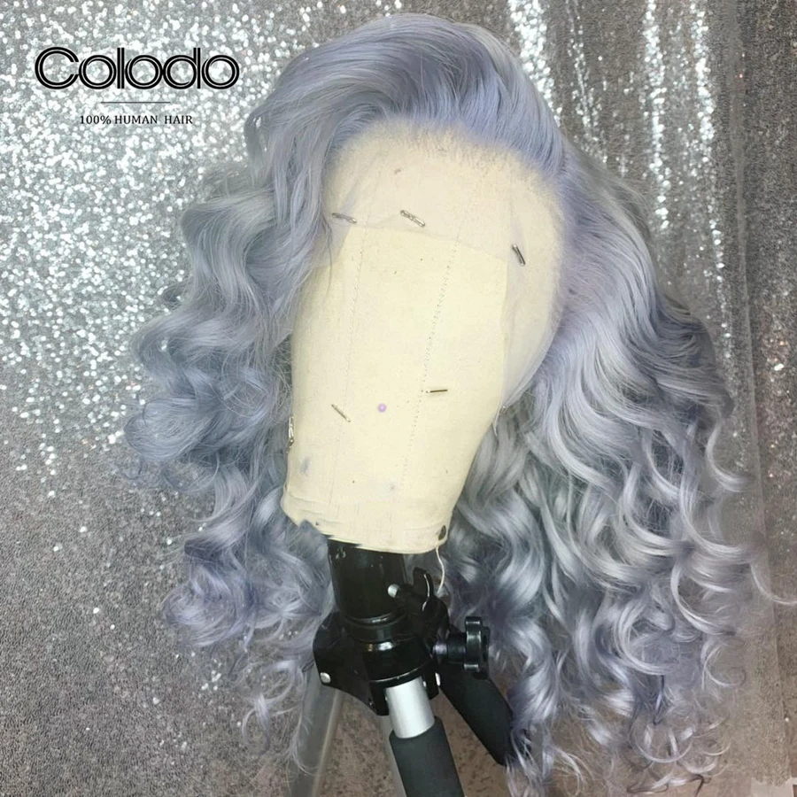 COLODO preprucked серый цвет 13х6 кружева фронта человеческих волос парики Glueless Remy