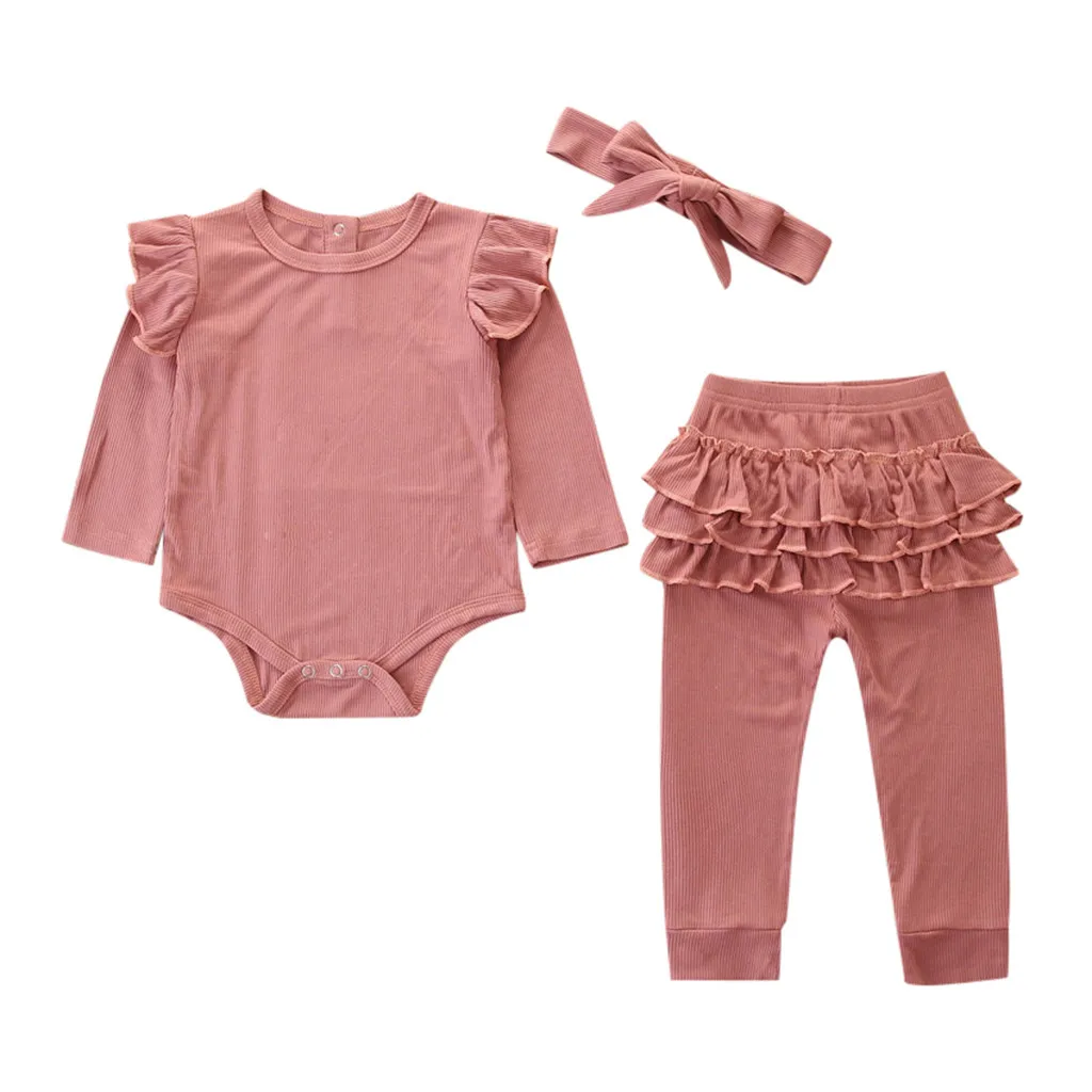 Одежда для маленьких девочек; Однотонный комбинезон с длинными рукавами; длинные штаны; повязка на голову; Одежда для новорожденных; осенние комплекты для малышей