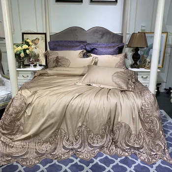 

New Champagne Green Pink Blue Luxury 100S Egyptian Cotton Palace Bedding Set Lace Duvet Cover Bed Linen Bed sheet Pillowcases