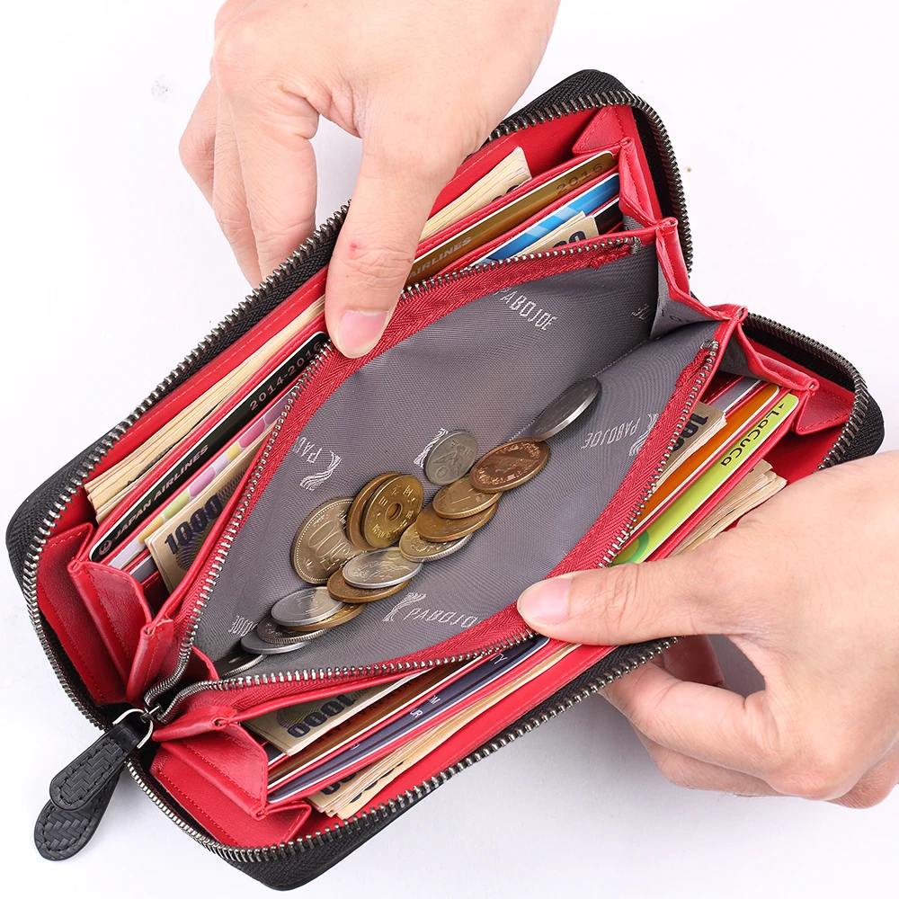 PABOJOE Men Wallets Genuine Leather Large Capacity Zipper Wallet Men's Purse Long Wallet Bifold