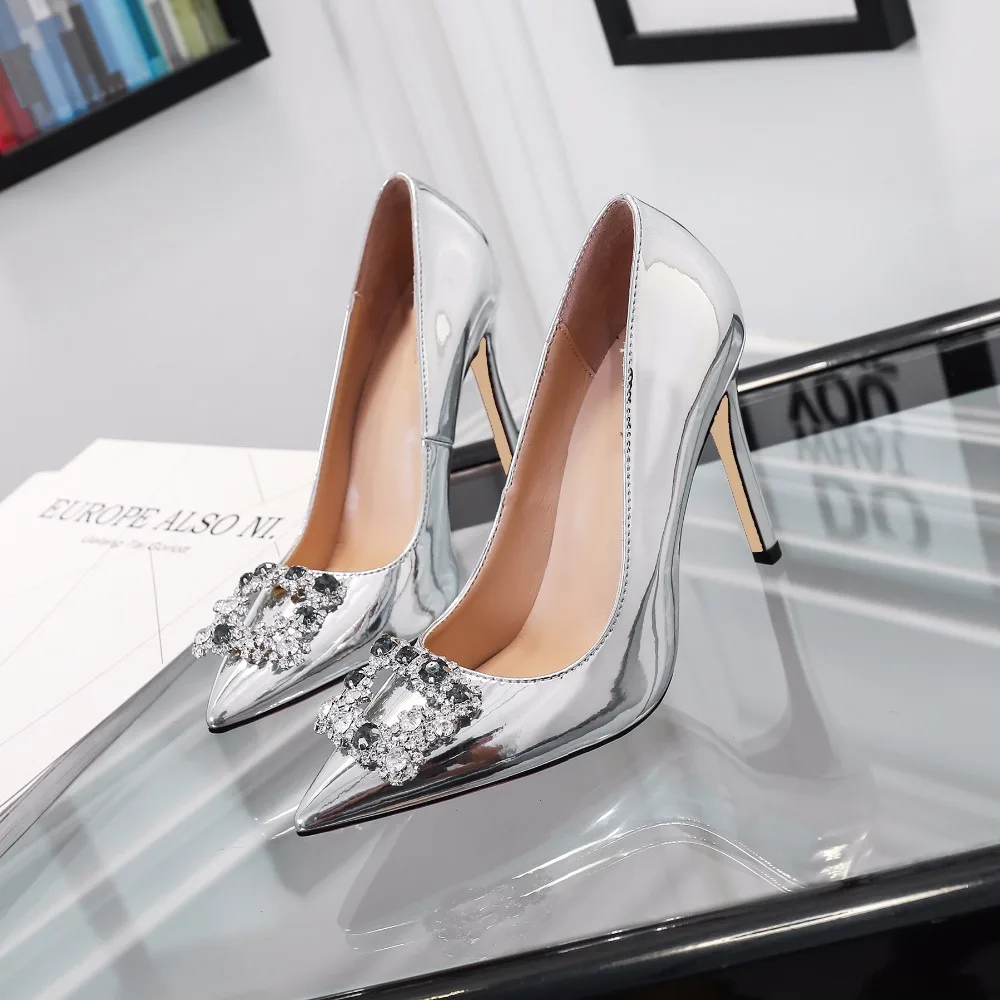 

Size33-41Thin Heels Pumps For Women 2018 New Elegant Pointed Toe Crystal Wedding&Party Heels Pumps Hot Sale Patent Leather Shoes