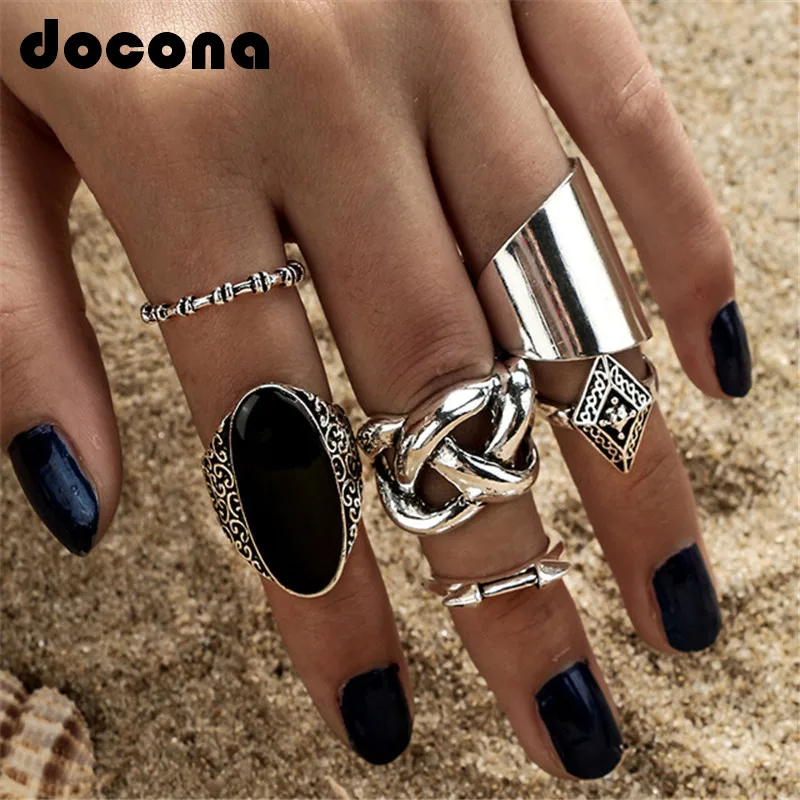 docona 5pcs/Set Fashion High Quality Bohemia Style Rings Set Classic Shape Pattern Crystal Pendant for Women Charm Jewelry